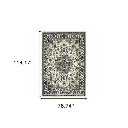 7' X 10' Ivory and Blue Oriental Stain Resistant Indoor Outdoor Area Rug