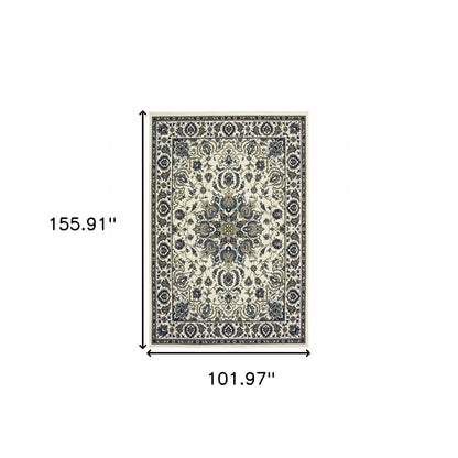 9' X 13' Ivory and Blue Oriental Stain Resistant Indoor Outdoor Area Rug