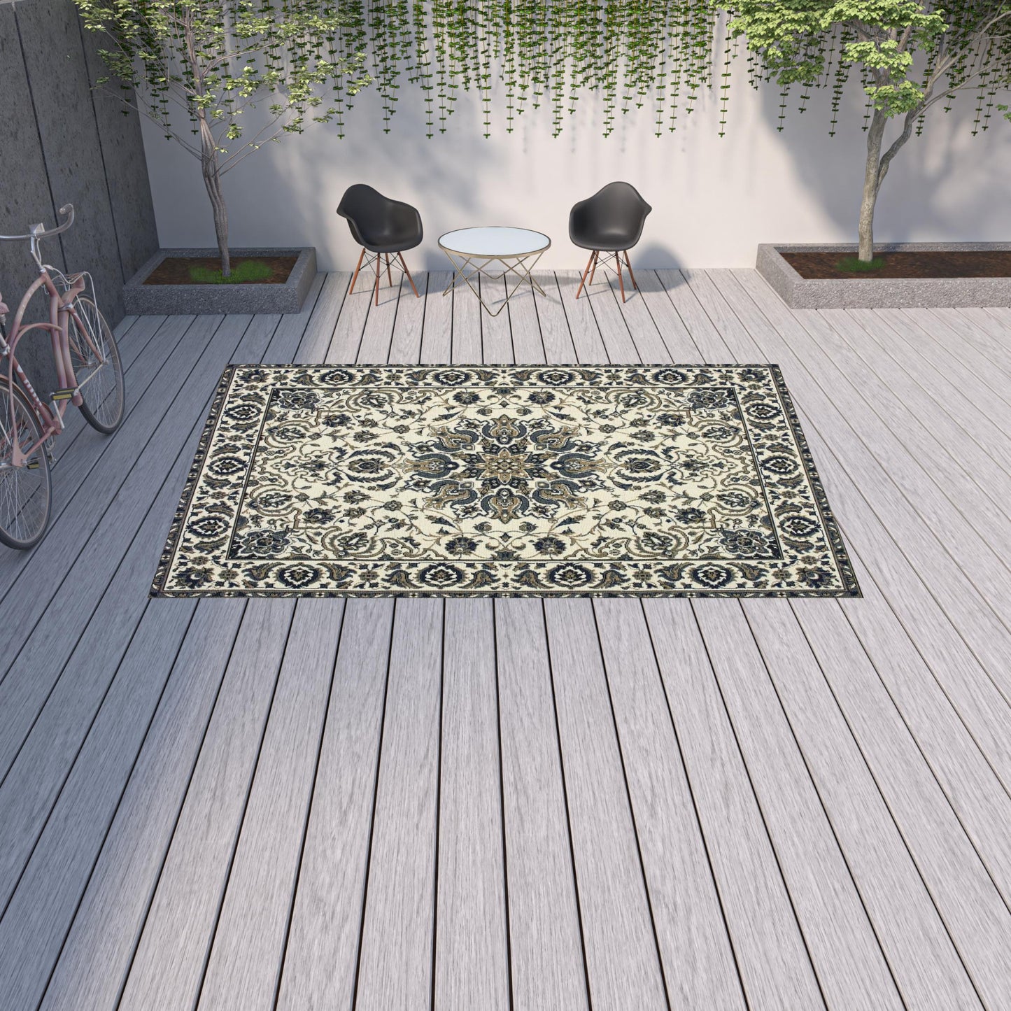 9' X 13' Ivory and Blue Oriental Stain Resistant Indoor Outdoor Area Rug