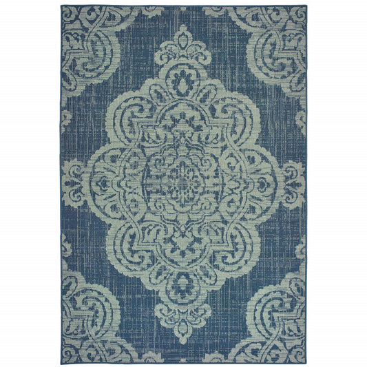 2' X 4' Blue Oriental Stain Resistant Indoor Outdoor Area Rug