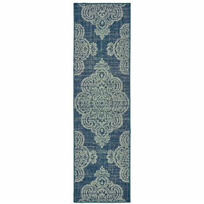 2' X 8' Blue Oriental Stain Resistant Indoor Outdoor Area Rug