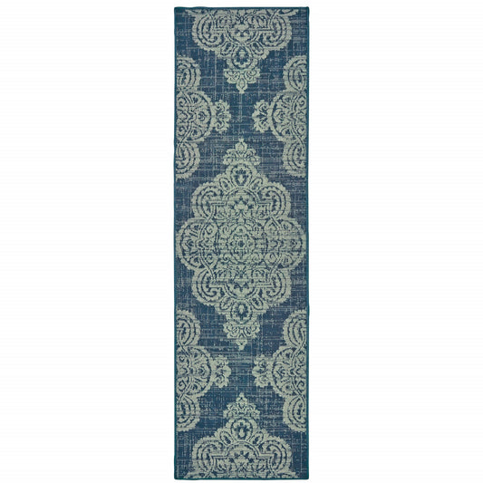 2' X 8' Blue Oriental Stain Resistant Indoor Outdoor Area Rug