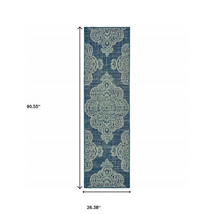 2' X 8' Blue Oriental Stain Resistant Indoor Outdoor Area Rug