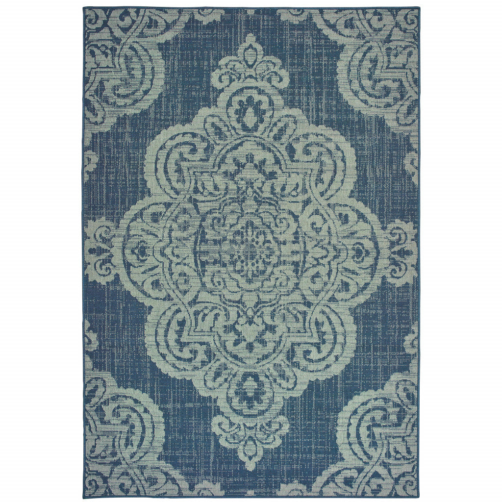 5' X 8' Blue Oriental Stain Resistant Indoor Outdoor Area Rug