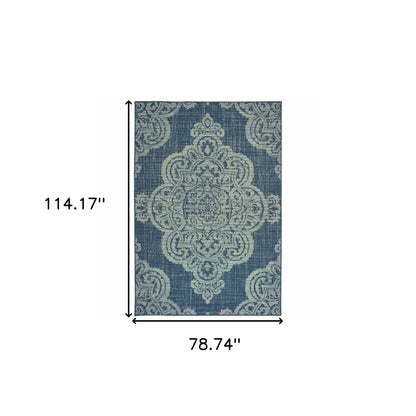 7' X 10' Blue Oriental Stain Resistant Indoor Outdoor Area Rug