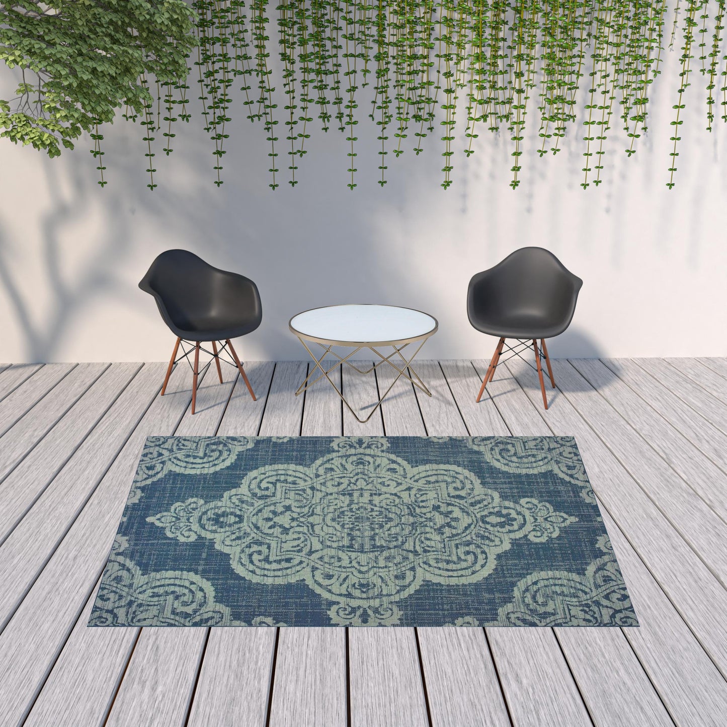 7' X 10' Blue Oriental Stain Resistant Indoor Outdoor Area Rug