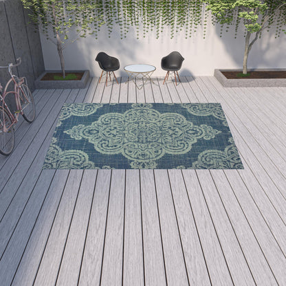 9' X 13' Blue Oriental Stain Resistant Indoor Outdoor Area Rug