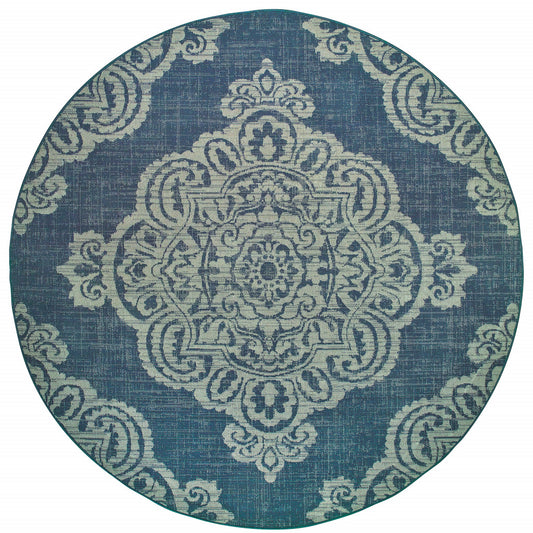 8' X 8' Blue Round Oriental Stain Resistant Indoor Outdoor Area Rug