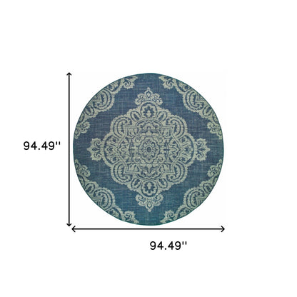 8' X 8' Blue Round Oriental Stain Resistant Indoor Outdoor Area Rug