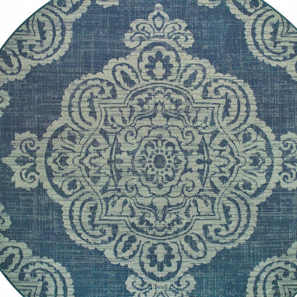 8' X 8' Blue Round Oriental Stain Resistant Indoor Outdoor Area Rug