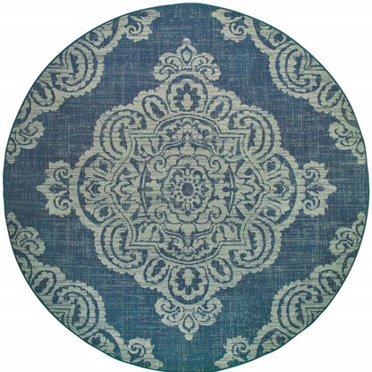 8' X 8' Blue Round Oriental Stain Resistant Indoor Outdoor Area Rug