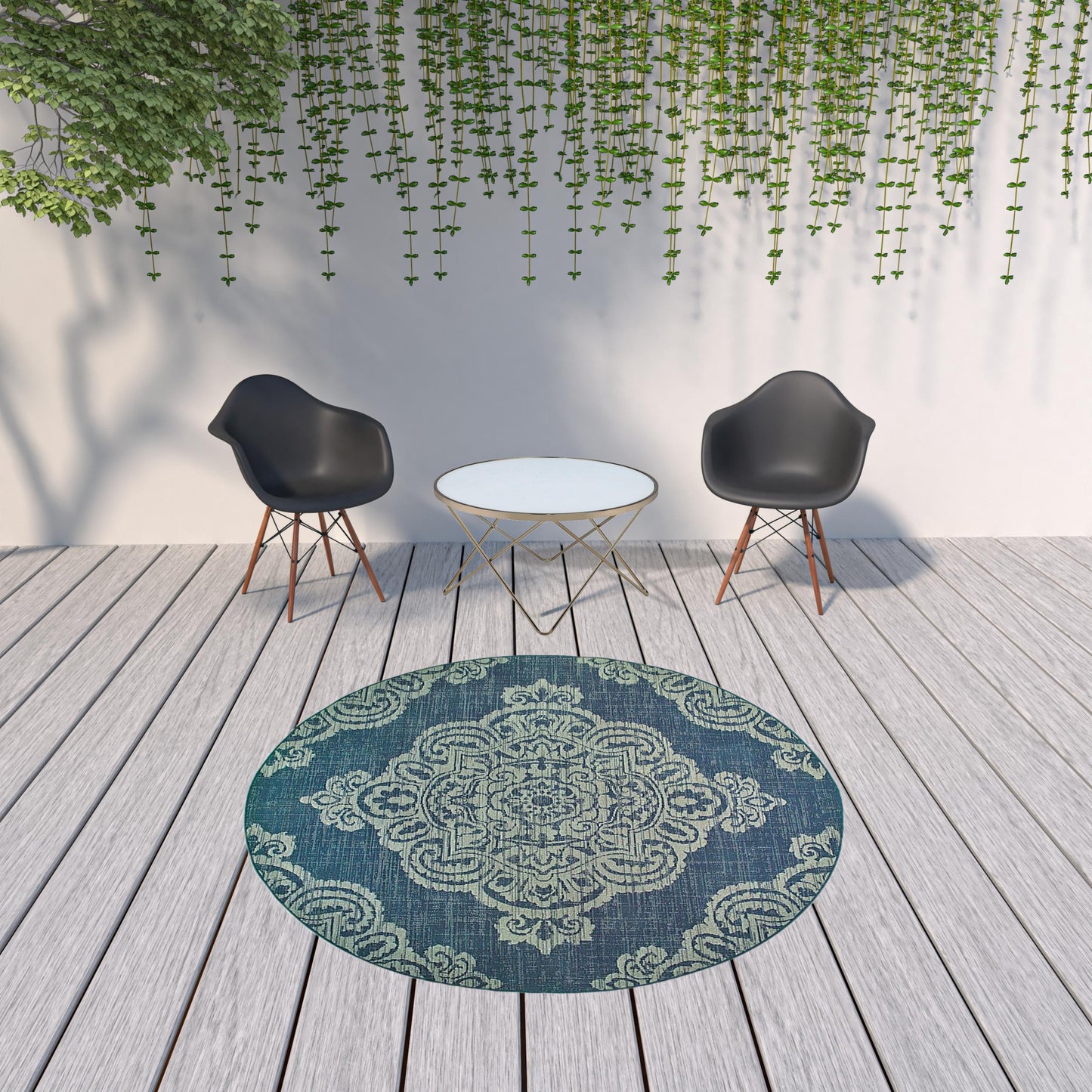 8' X 8' Blue Round Oriental Stain Resistant Indoor Outdoor Area Rug