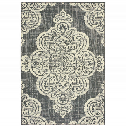 2' X 4' Gray and Ivory Oriental Stain Resistant Indoor Outdoor Area Rug