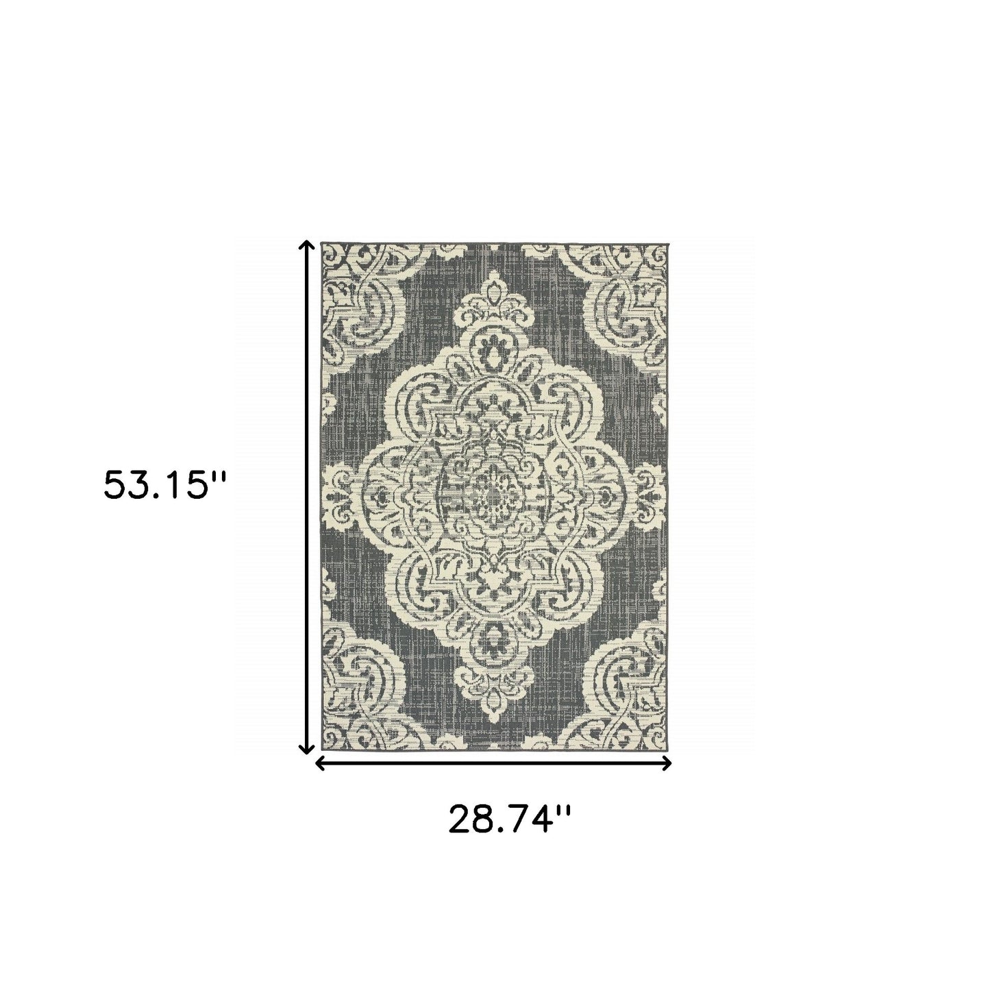 2' X 4' Gray and Ivory Oriental Stain Resistant Indoor Outdoor Area Rug