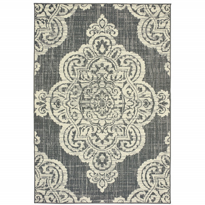 4' X 6' Gray and Ivory Oriental Stain Resistant Indoor Outdoor Area Rug