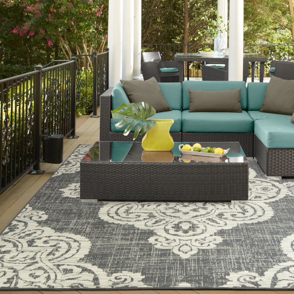 4' X 6' Gray and Ivory Oriental Stain Resistant Indoor Outdoor Area Rug