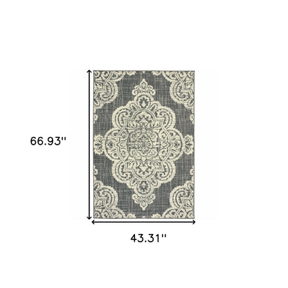 4' X 6' Gray and Ivory Oriental Stain Resistant Indoor Outdoor Area Rug