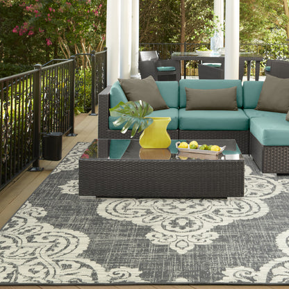 5' X 8' Gray and Ivory Oriental Stain Resistant Indoor Outdoor Area Rug