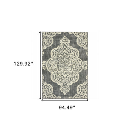 8' X 11' Gray and Ivory Oriental Stain Resistant Indoor Outdoor Area Rug