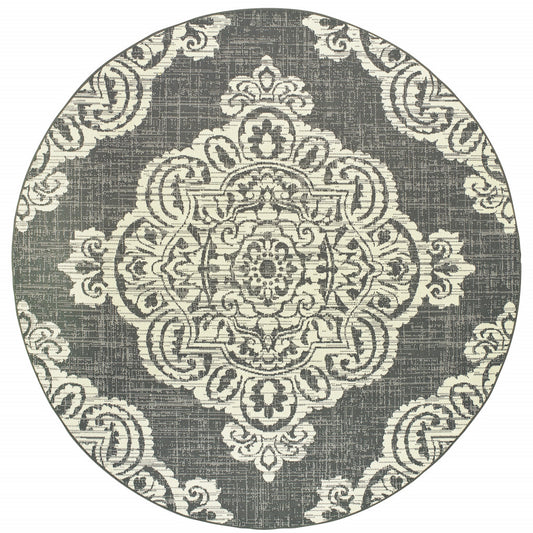 8' X 8' Gray and Ivory Round Oriental Stain Resistant Indoor Outdoor Area Rug