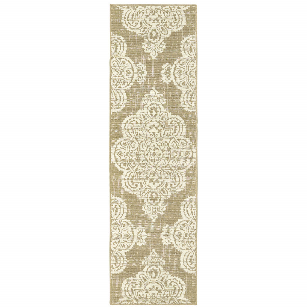 2' X 8' Tan Oriental Stain Resistant Indoor Outdoor Area Rug