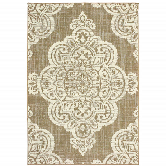 2' X 4' Tan Oriental Stain Resistant Indoor Outdoor Area Rug