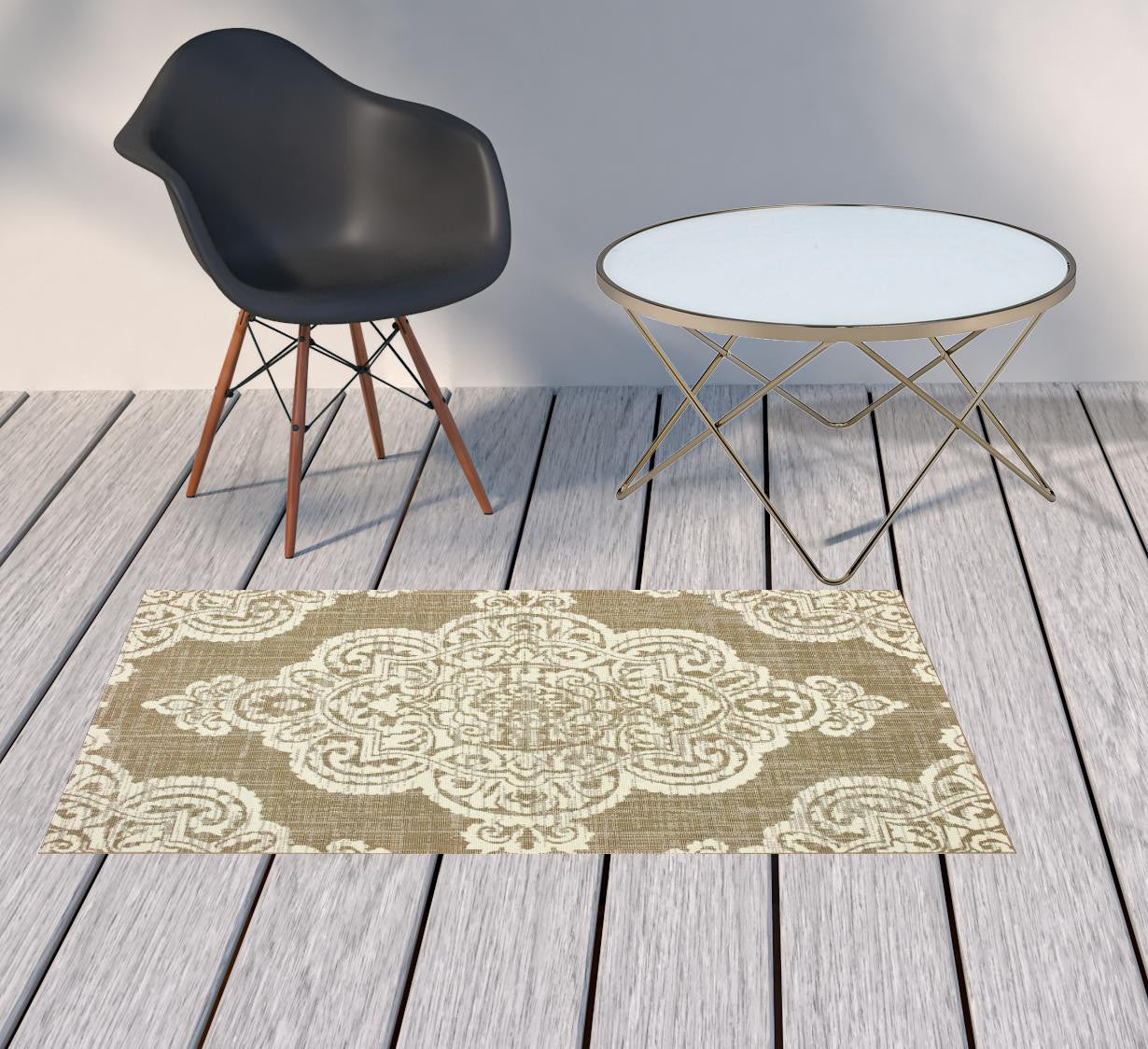 2' X 4' Tan Oriental Stain Resistant Indoor Outdoor Area Rug