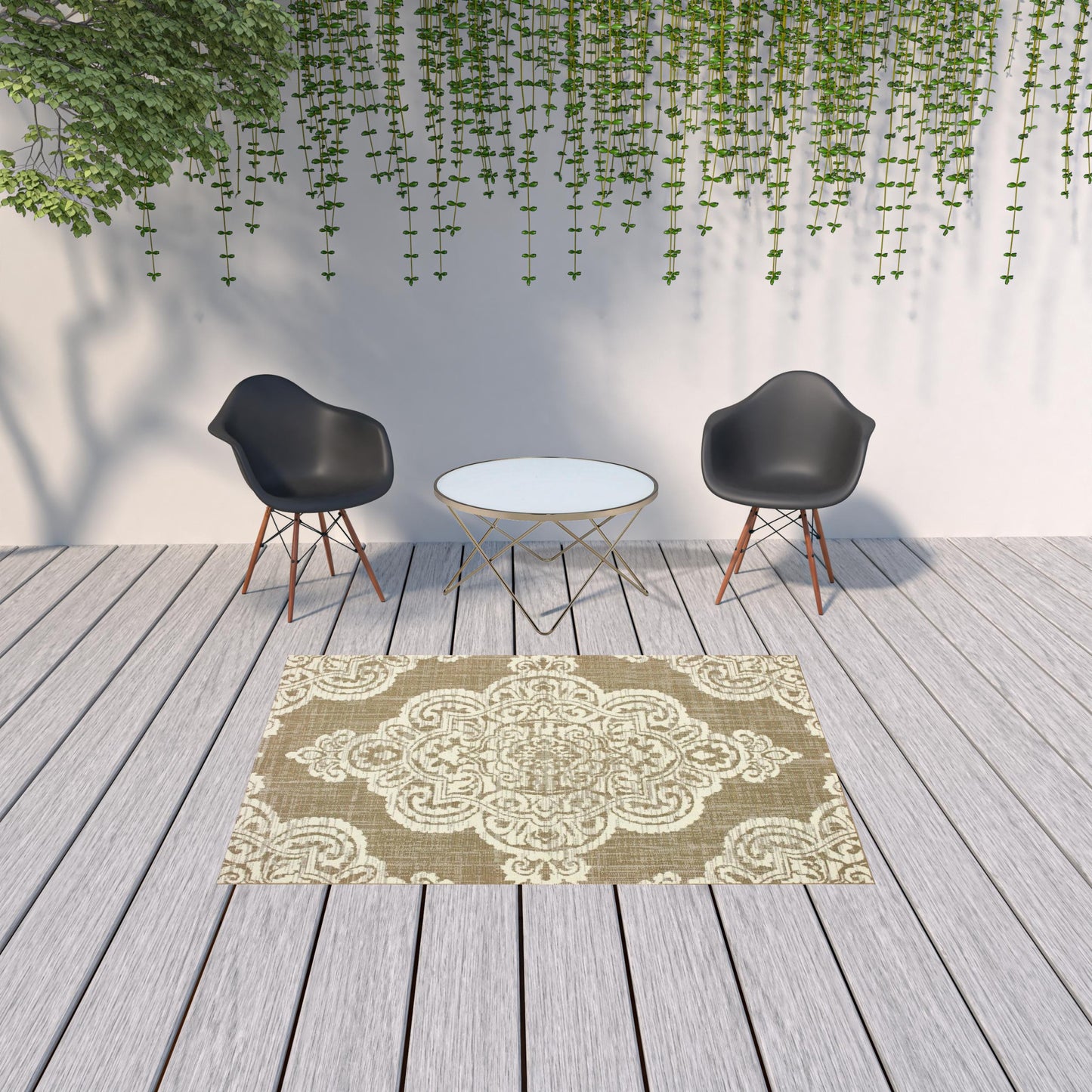 5' X 8' Tan Oriental Stain Resistant Indoor Outdoor Area Rug