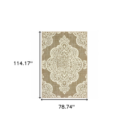 7' X 10' Tan Oriental Stain Resistant Indoor Outdoor Area Rug