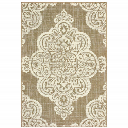 9' X 13' Tan Oriental Stain Resistant Indoor Outdoor Area Rug