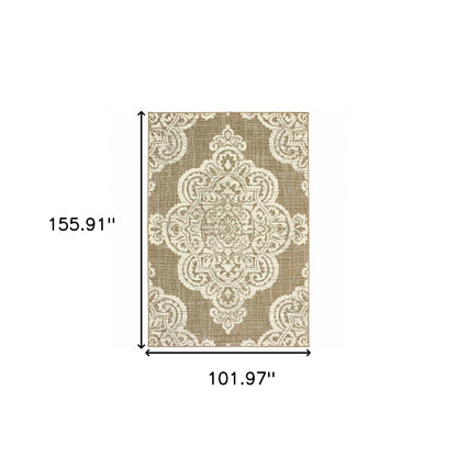 9' X 13' Tan Oriental Stain Resistant Indoor Outdoor Area Rug