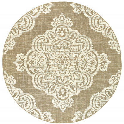 8' X 8' Tan Round Oriental Stain Resistant Indoor Outdoor Area Rug