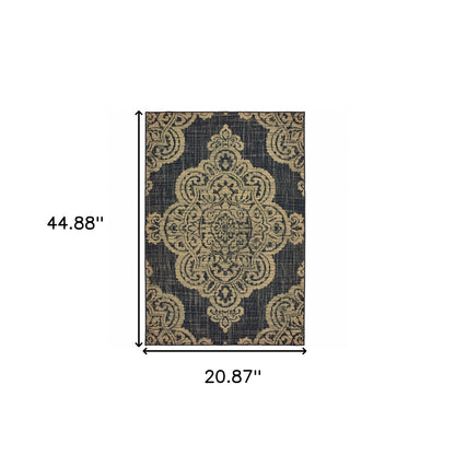 2' X 4' Black and Tan Oriental Stain Resistant Indoor Outdoor Area Rug