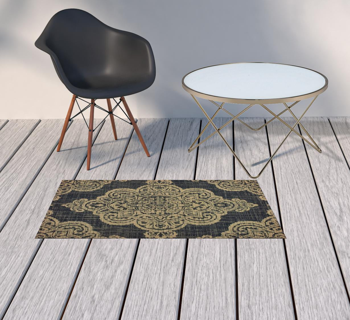 2' X 4' Black and Tan Oriental Stain Resistant Indoor Outdoor Area Rug