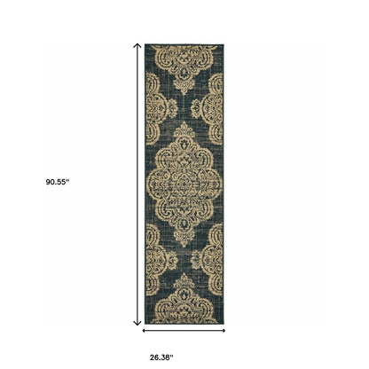 2' X 8' Black and Tan Oriental Stain Resistant Indoor Outdoor Area Rug