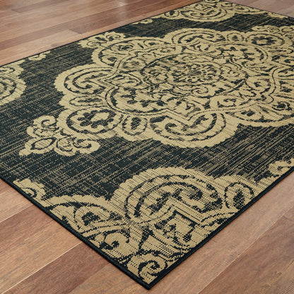 5' X 8' Black and Tan Oriental Stain Resistant Indoor Outdoor Area Rug