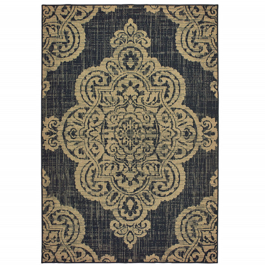 9' X 13' Black and Tan Oriental Stain Resistant Indoor Outdoor Area Rug