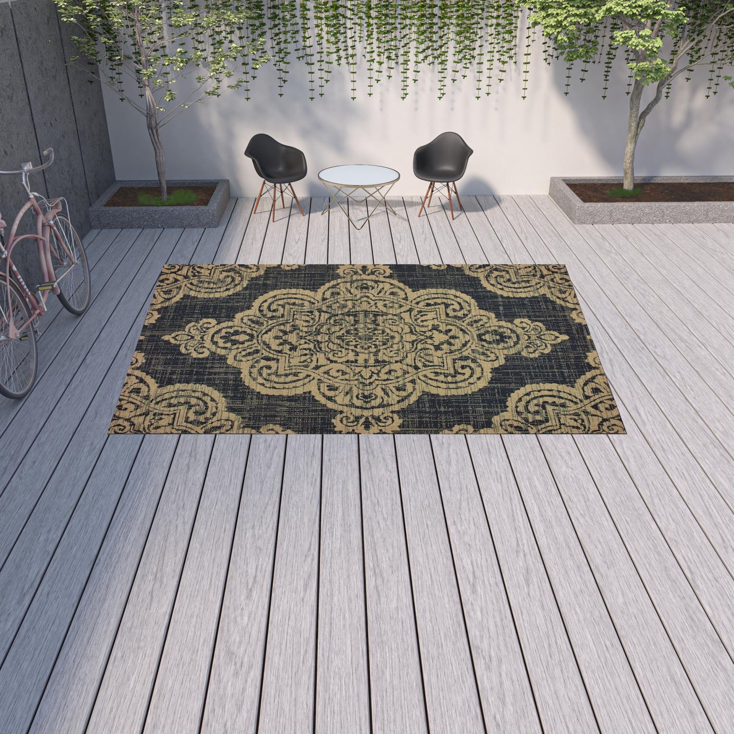 9' X 13' Black and Tan Oriental Stain Resistant Indoor Outdoor Area Rug