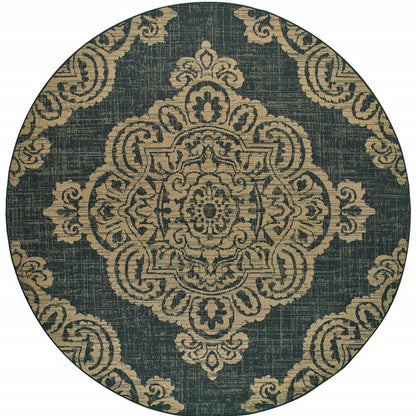 8' X 8' Black and Tan Round Oriental Stain Resistant Indoor Outdoor Area Rug