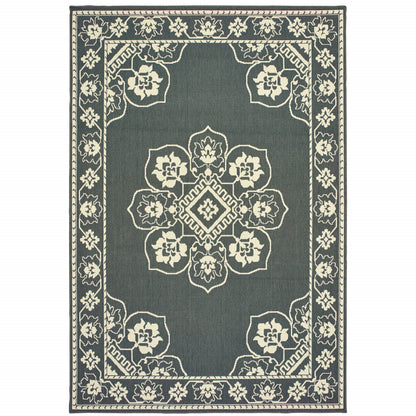 2' X 4' Gray and Ivory Oriental Stain Resistant Indoor Outdoor Area Rug