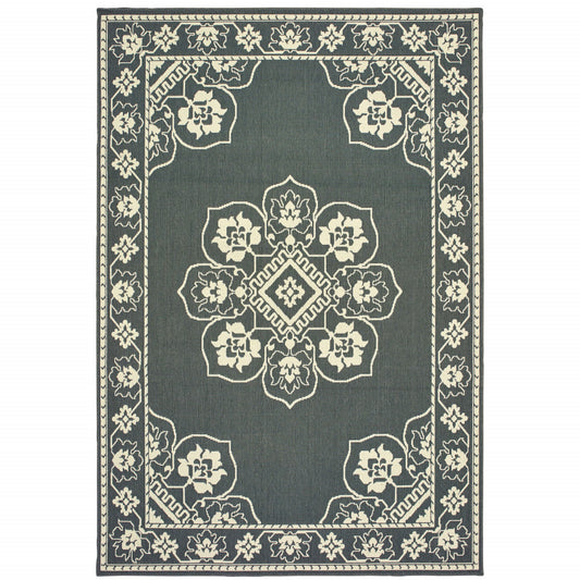 2' X 4' Gray and Ivory Oriental Stain Resistant Indoor Outdoor Area Rug