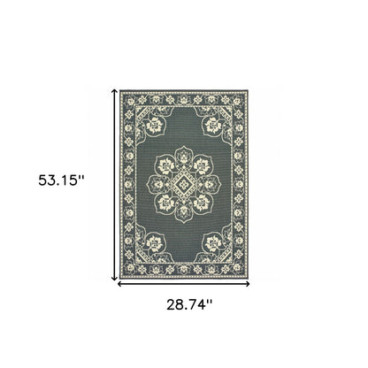 2' X 4' Gray and Ivory Oriental Stain Resistant Indoor Outdoor Area Rug