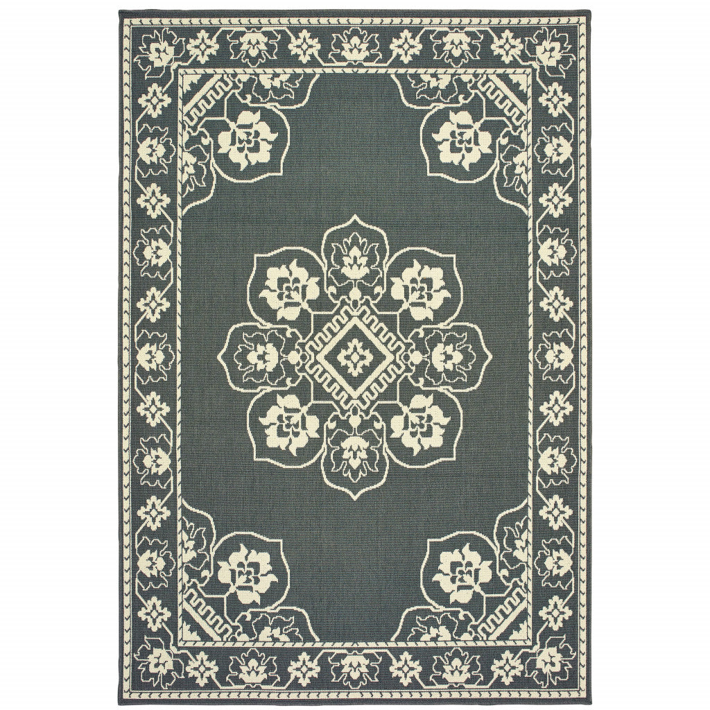 4' X 6' Gray and Ivory Oriental Stain Resistant Indoor Outdoor Area Rug