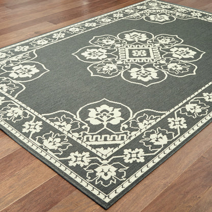 8' X 11' Gray and Ivory Oriental Stain Resistant Indoor Outdoor Area Rug