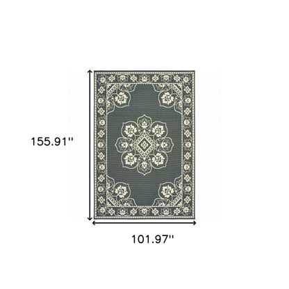 9' X 13' Gray and Ivory Oriental Stain Resistant Indoor Outdoor Area Rug