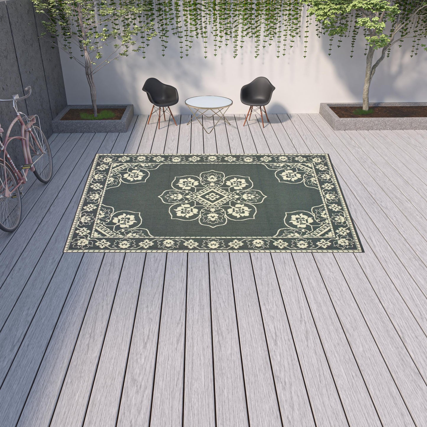 9' X 13' Gray and Ivory Oriental Stain Resistant Indoor Outdoor Area Rug