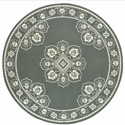 8' X 8' Gray and Ivory Round Oriental Stain Resistant Indoor Outdoor Area Rug