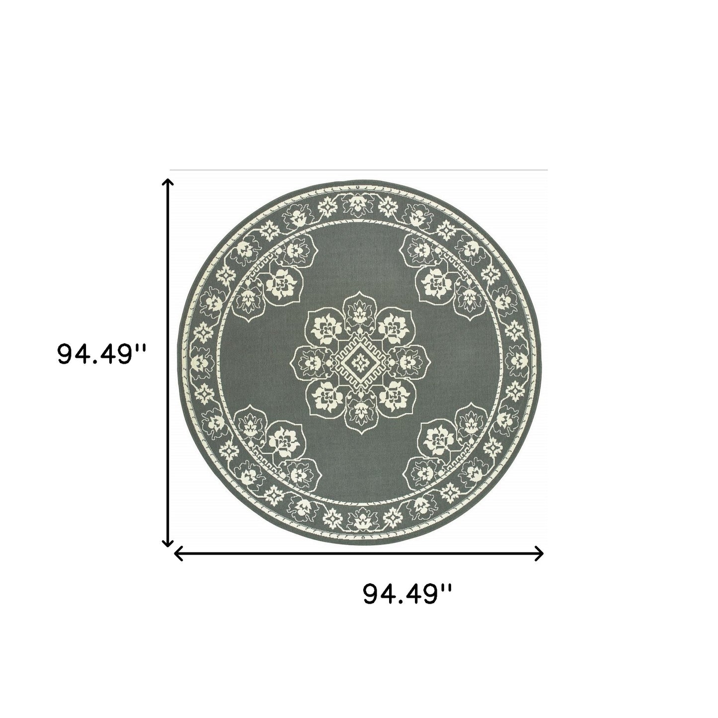 8' X 8' Gray and Ivory Round Oriental Stain Resistant Indoor Outdoor Area Rug