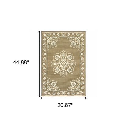 2' X 4' Tan Oriental Stain Resistant Indoor Outdoor Area Rug