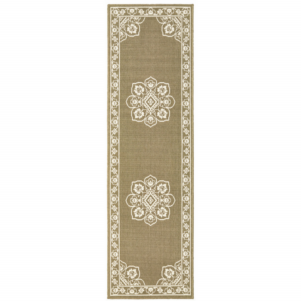 2' X 8' Tan Oriental Stain Resistant Indoor Outdoor Area Rug